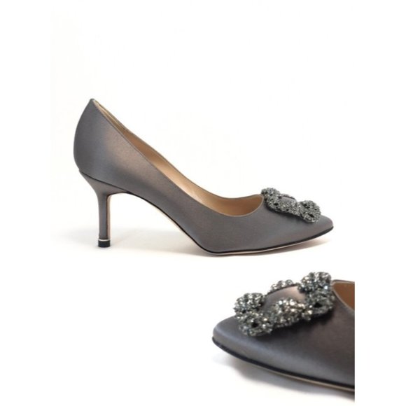 Manolo Blahnik Hangisi Dark Gray Satin Jeweled Buckle heels Pumps - Picture 2 of 10